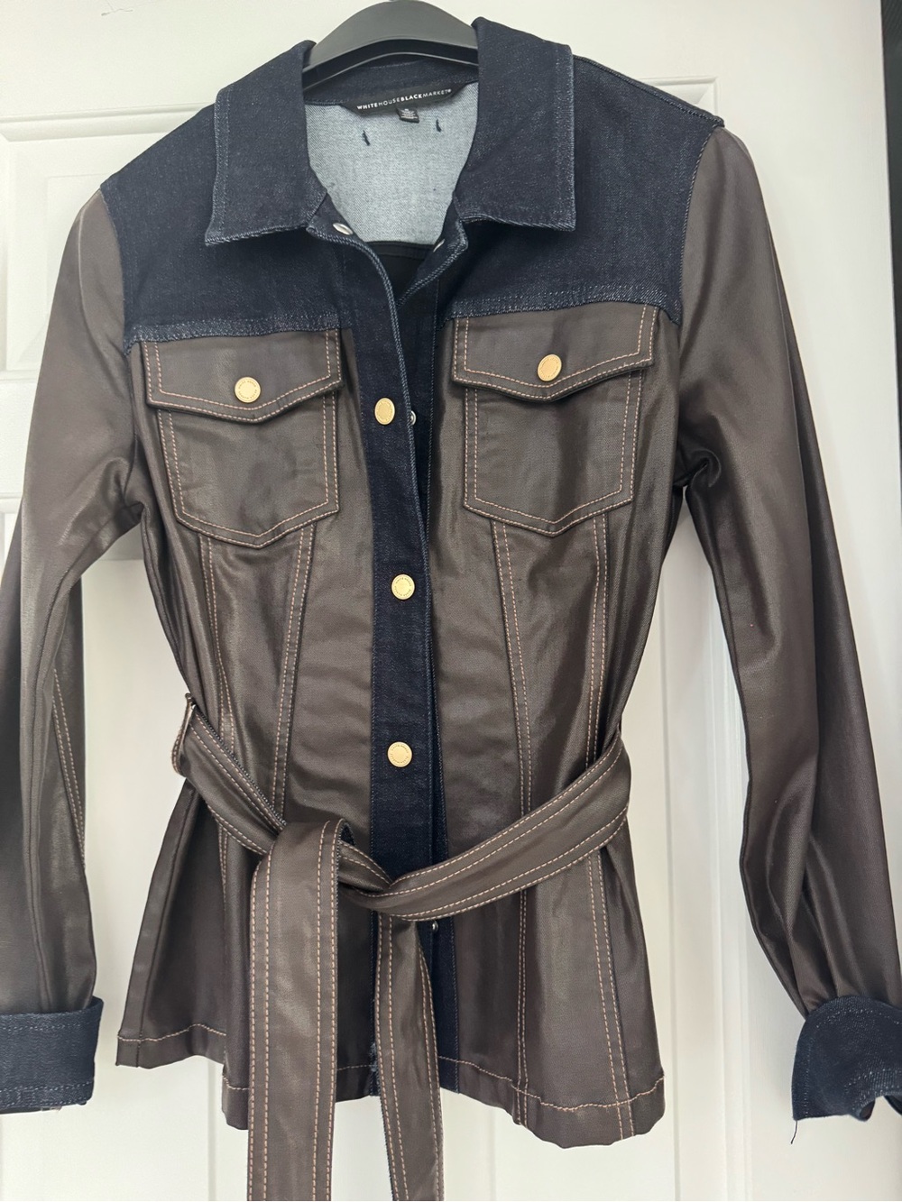 White House Black Market Brown and Navy Polished denim Utility Jacket